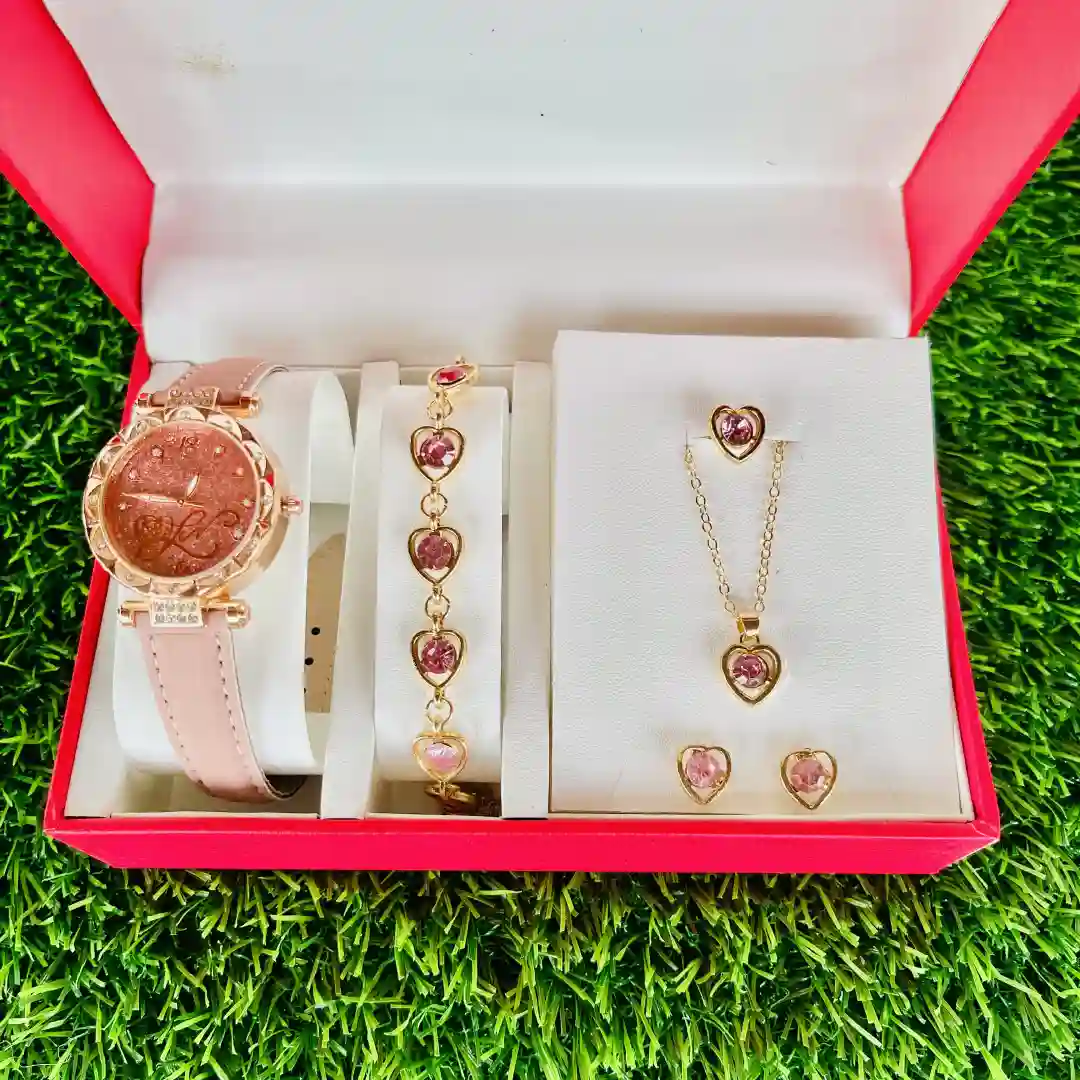 Luxury Heart Jewelry & Watch Gift Set with Rose Gold Watch, Heart Bracelet, Necklace, Earrings and Premium Gift Box