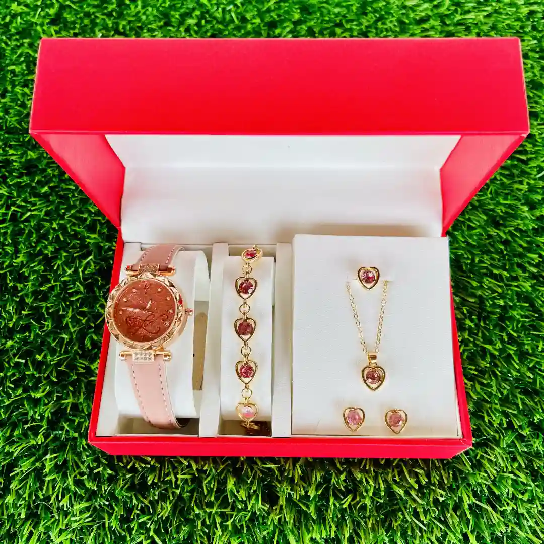 Luxury Heart Jewelry & Watch Gift Set with Rose Gold Watch, Heart Bracelet, Necklace, Earrings and Premium Gift Box