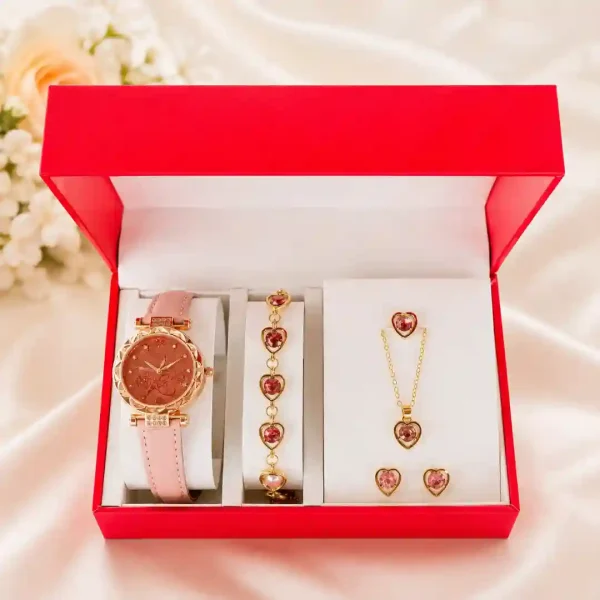 Luxury Heart Jewelry & Watch Gift Set with Rose Gold Watch, Heart Bracelet, Necklace, Earrings and Premium Gift Box